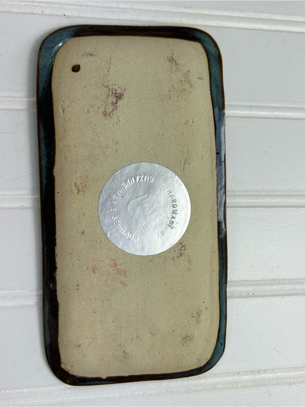 Trinket Tray Ceramic Paw Print Handmade Plate Blue Green Signed 7x3 - Picture 5 of 7